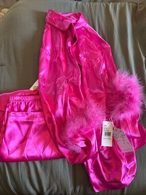 Satin Feather-Trim Pajama Set in Hot Pink
